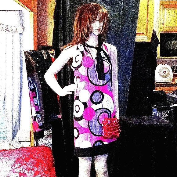 Carina- pink & navy blue Go Go style, short mini;rayon/poly dress -sz 8 approx. - Picture 2 of 3